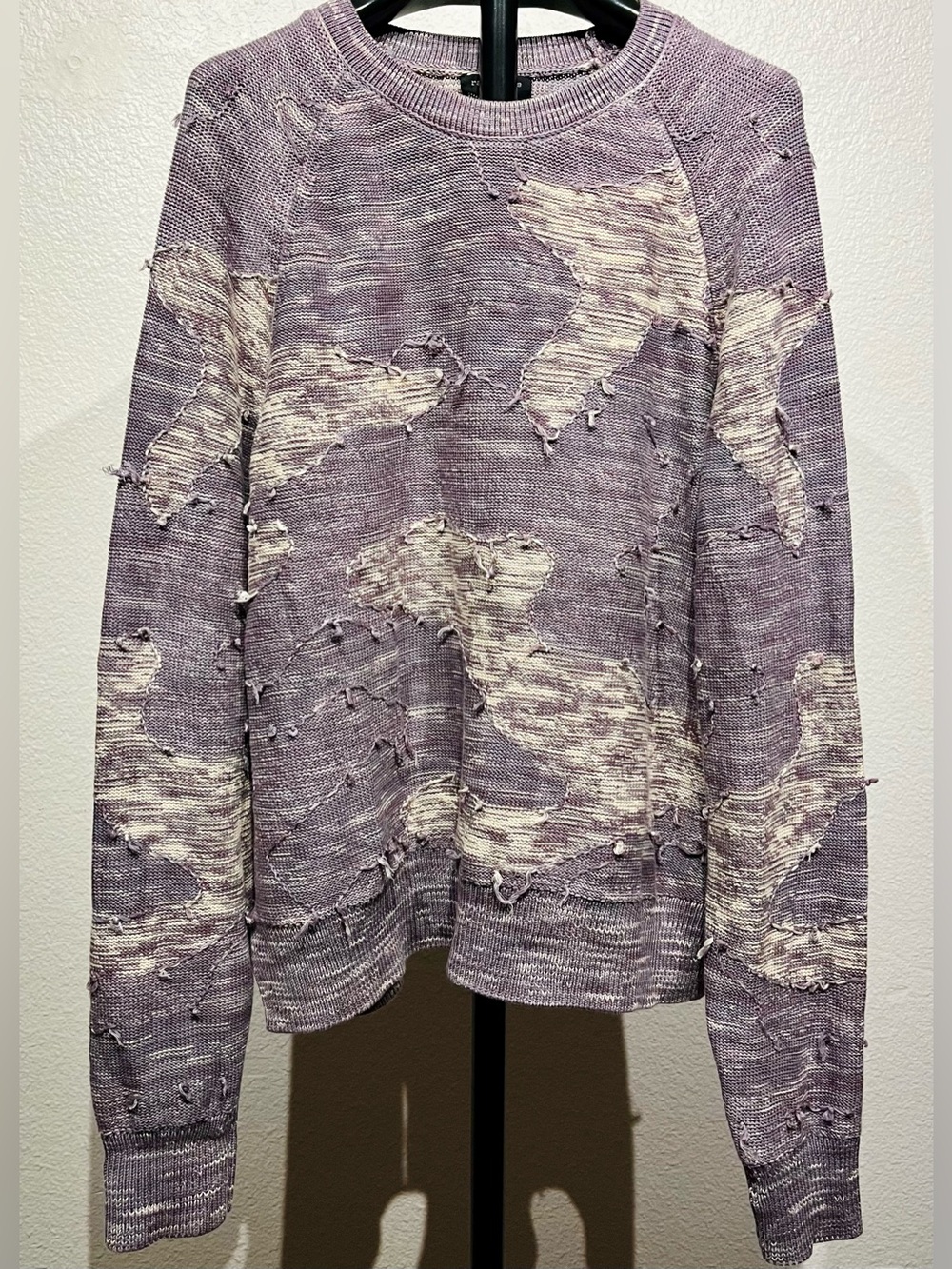 rag & bone Lavender and Cream Distressed Crewneck Sweater - Size L (Women’s)